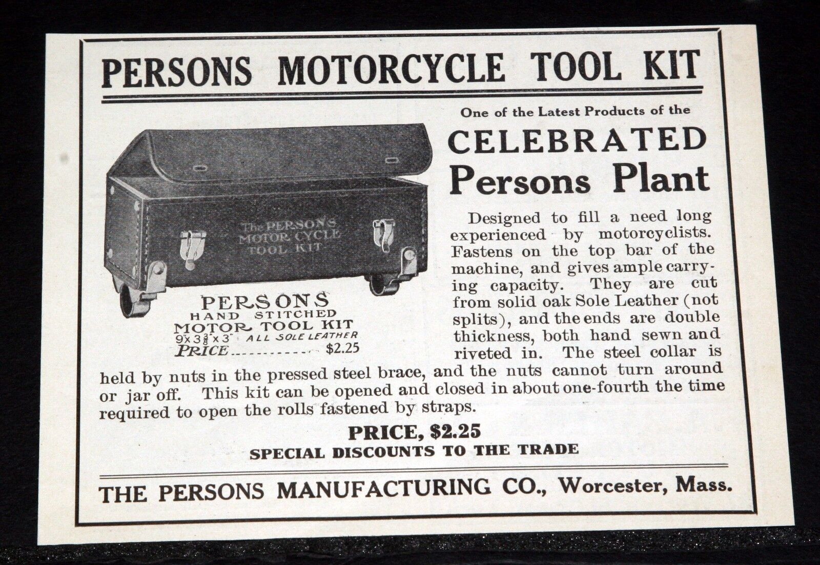 1908 Old Magazine Print Ad, Persons Motorcycle Tool Kit, Hand Stitched Leather!