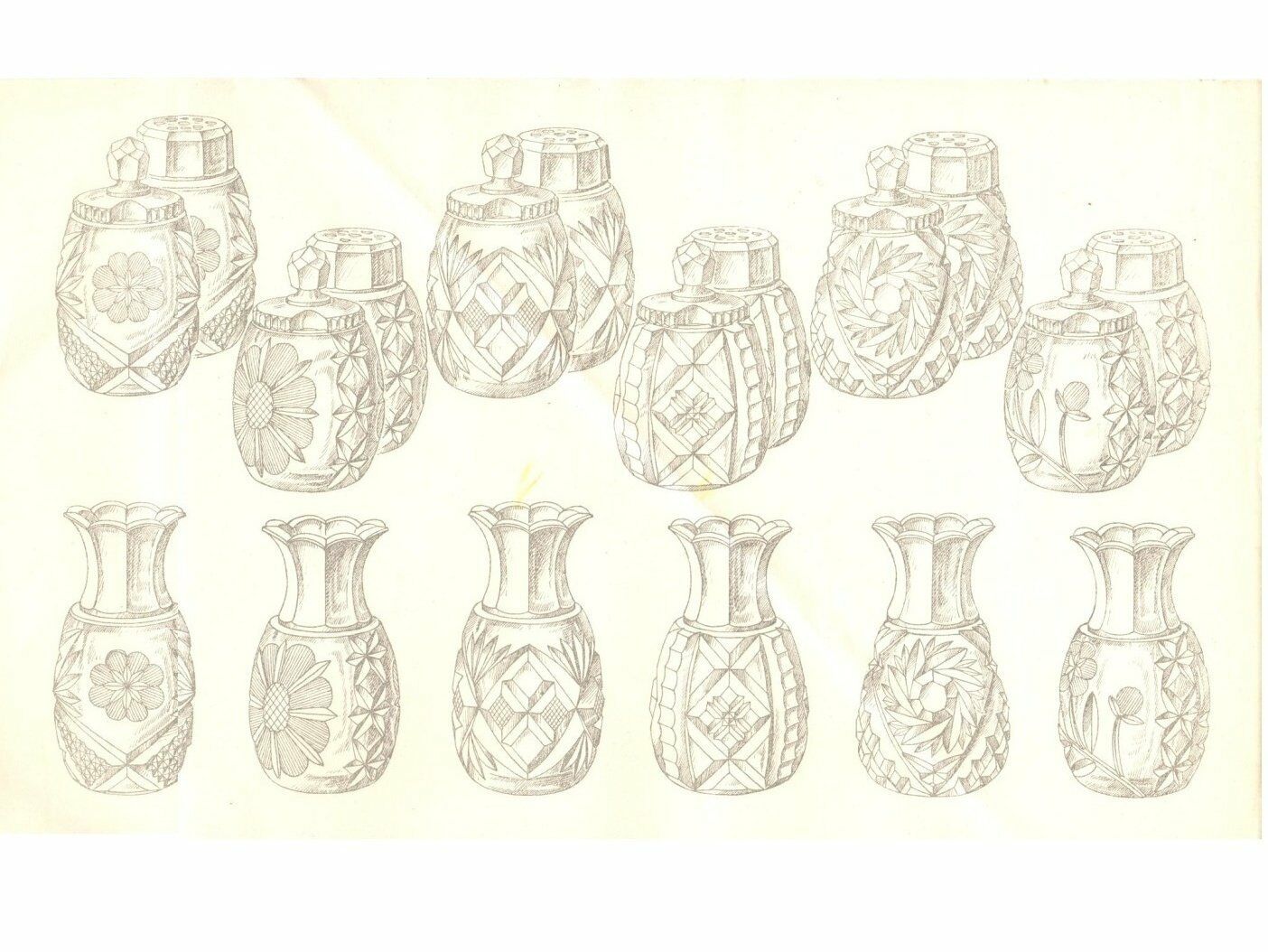 Original 1930's Line Drawing Design Print Czech Cut Crystal Glass Condiment Sets
