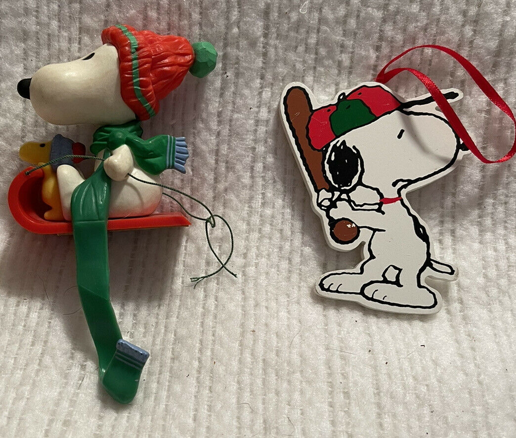 Vintage Hallmark Snoopy Christmas Stocking Holder And Snoopy Wooden Baseball Orn
