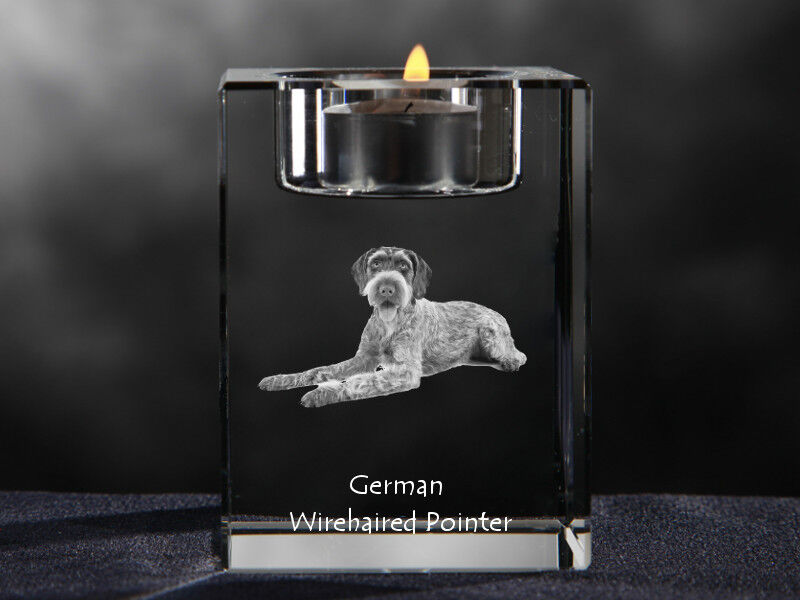 German Wirehaired Pointer, Crystal Candlestick With Dog, Crystal Animals Ca
