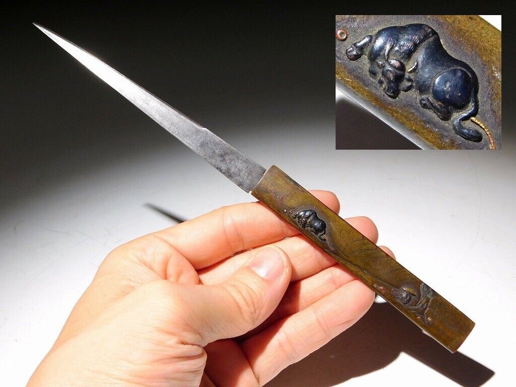 Sleeping Ox W Signed Kogatana  Japan Edo Original Tsuba Sword Antique