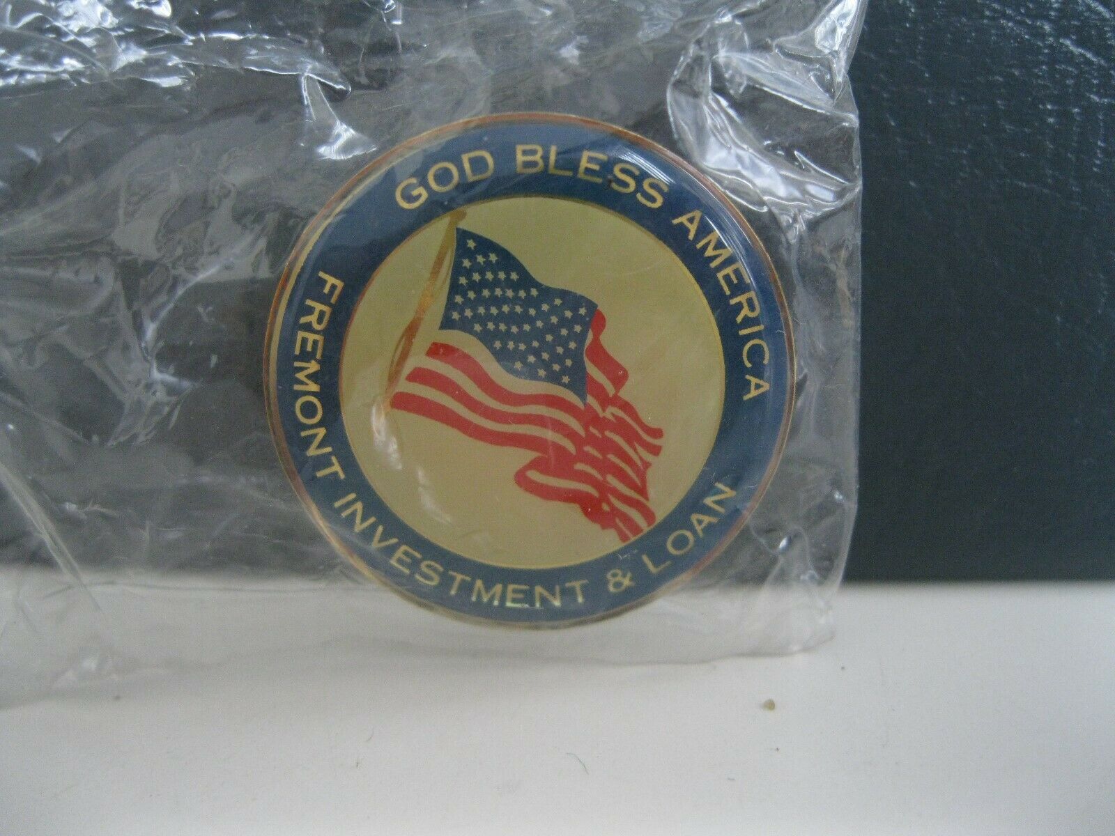 Vintage Flag Pin Fremont Investment & Loan God Bless America