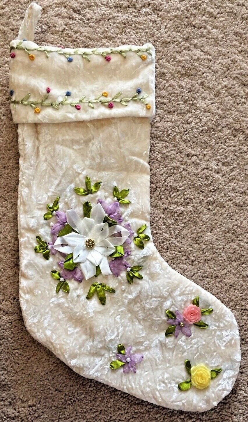 Flowers Floral Christmas Stocking 17"l Embroidered