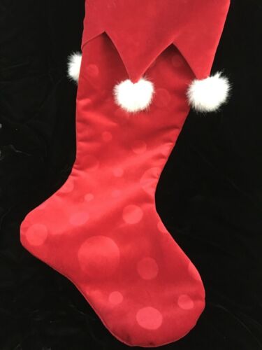 Estate Red Sculpted Dots Velvet Faux Fur White Pompoms Cuff Christmas Stocking