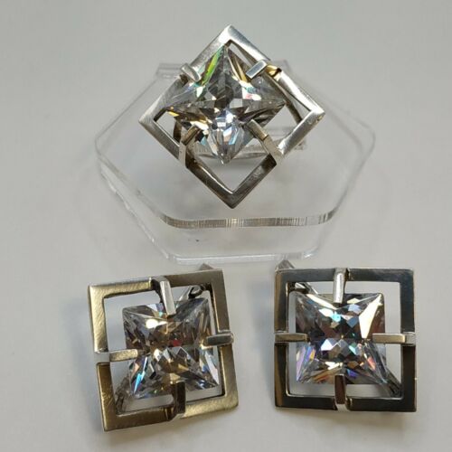 Vintage Silver 875 Jewelry Set Earrings Ring 8 Ukrainian 1990s