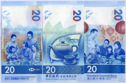 Hong Kong Set 3 Unc 20 Dollars 2018/2020 P New 218 348 Scb Hsbc Boc