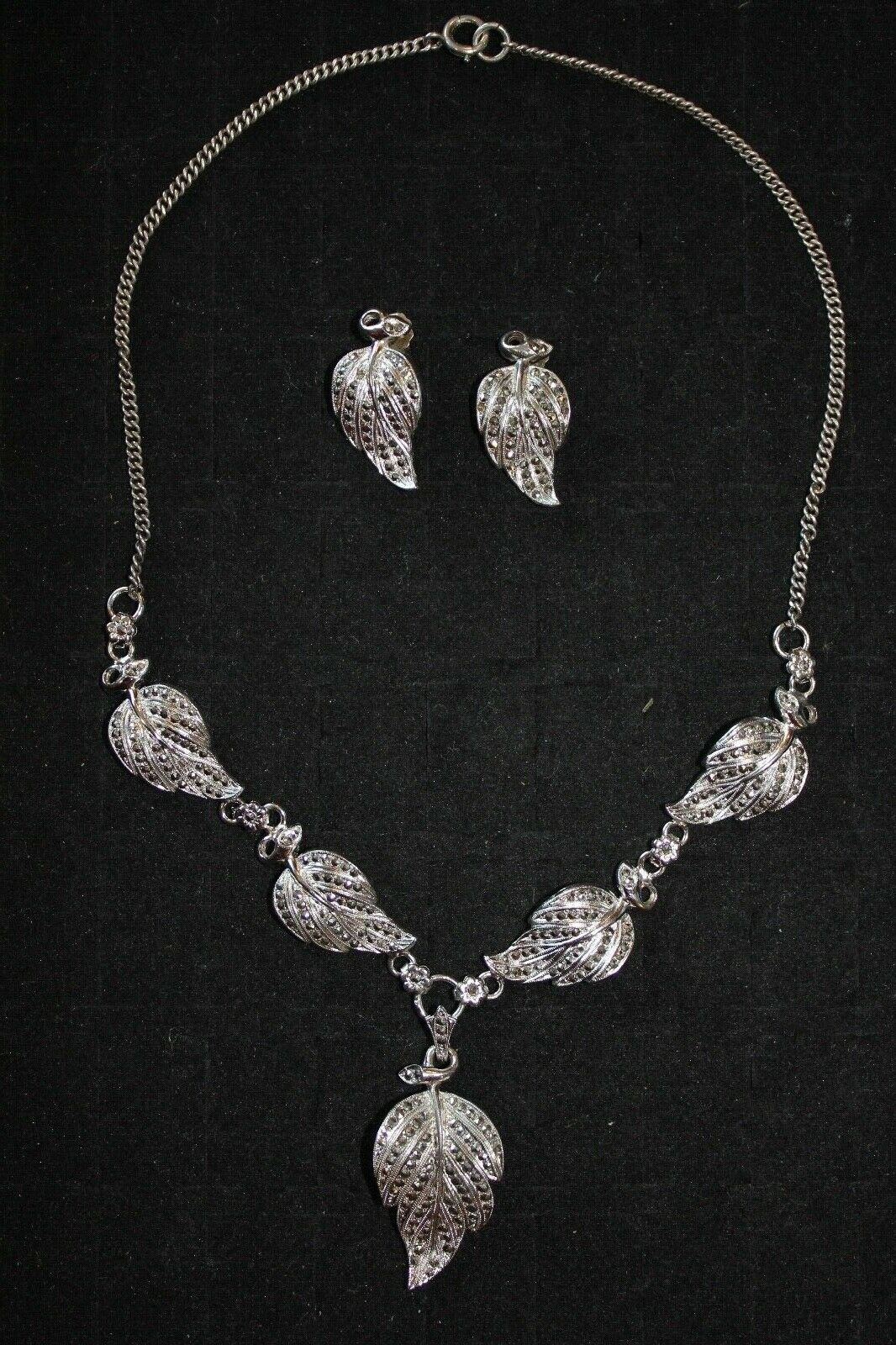 1940's Sterling Silver Marcasite Leaf Necklace 16" & Earring Set Vintage Leaves