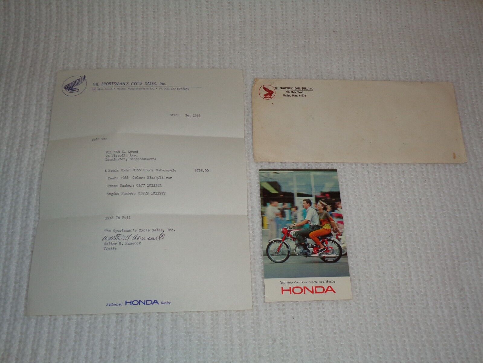 Vintage 1966 Honda Motorcycle Cl77 Purchase Letter & Card