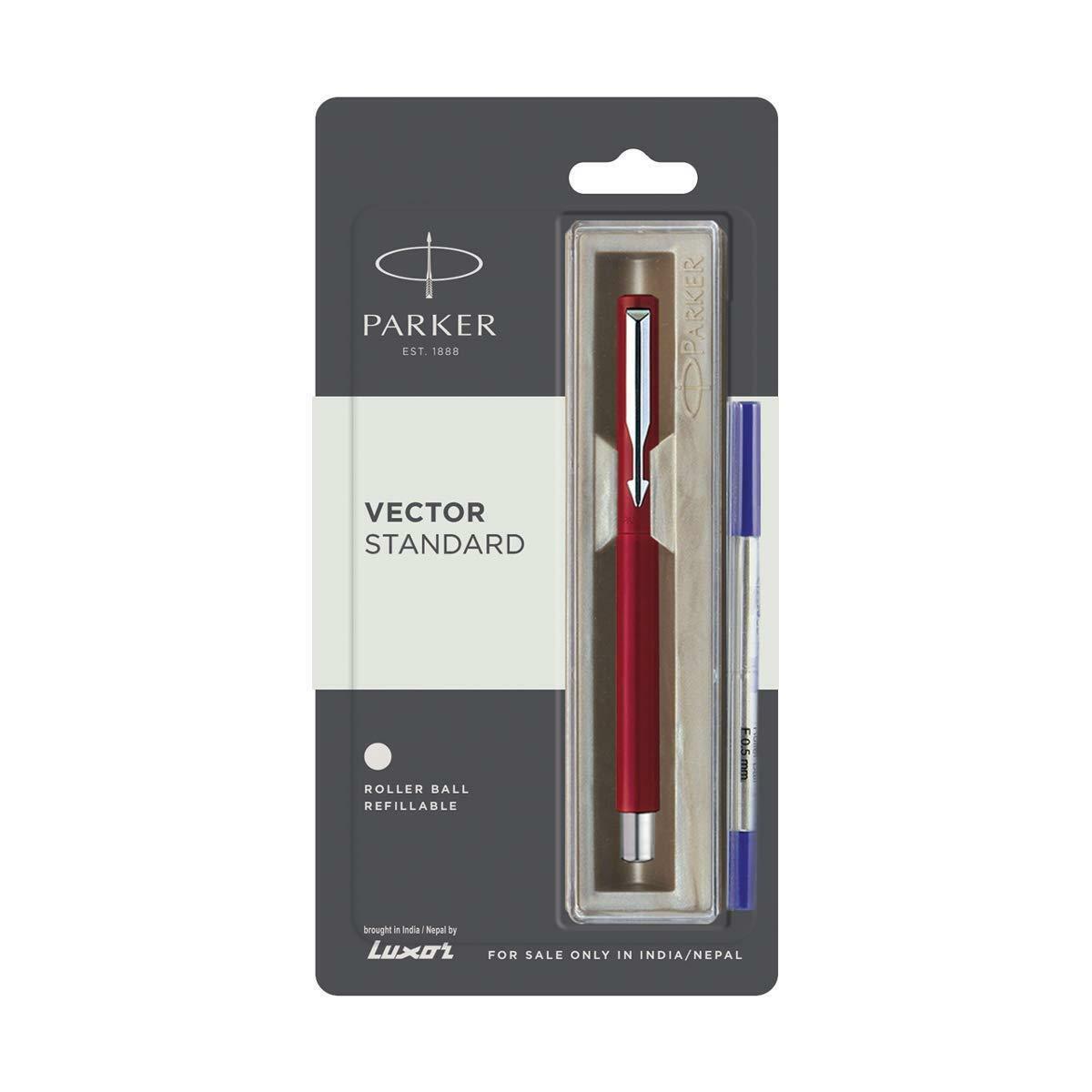Parker Vector Classic Chrome Trim Rollerball Roller Ball Pen Red Body Blue Ink