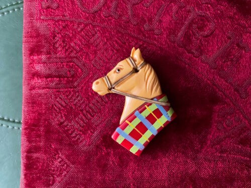 Vtg Martha Sleeper Butterscotch Bakelite Horse Pin Brooch Red Collar Glass Eye