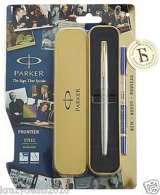 Parker Frontier Ss Stainless Steel Gold Trim Gt Rollerball Pen Blue Ink New 0.5m