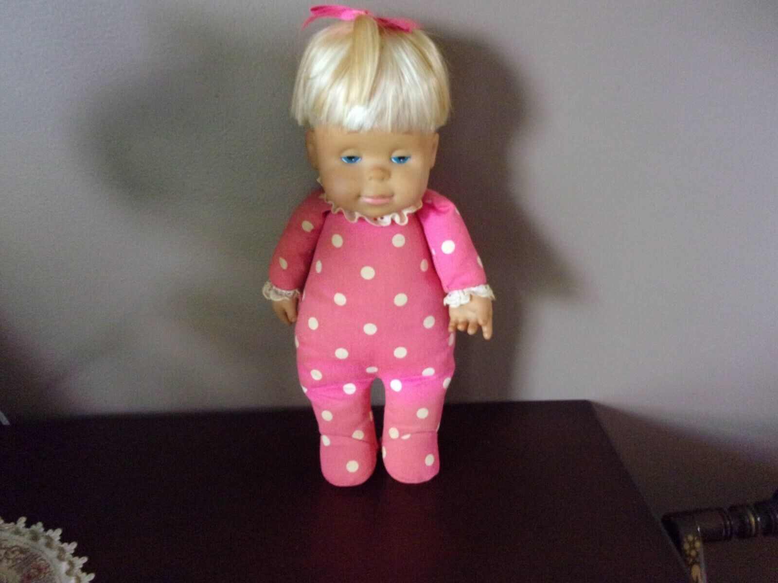 Vintage Drowsy Doll-pink Polka Dot Dressed W/hair Bow By Mattel 1964-speaks