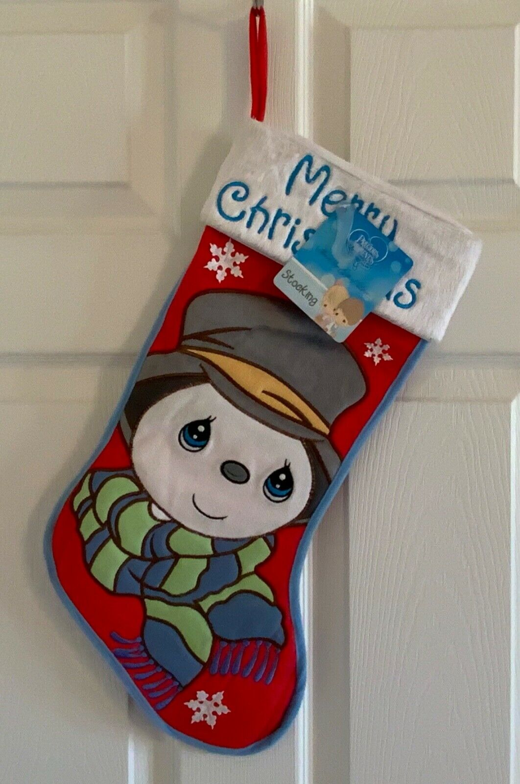 New Precious Moments Snowman Snowflake Merry Christmas Hanging Stocking 20” Red